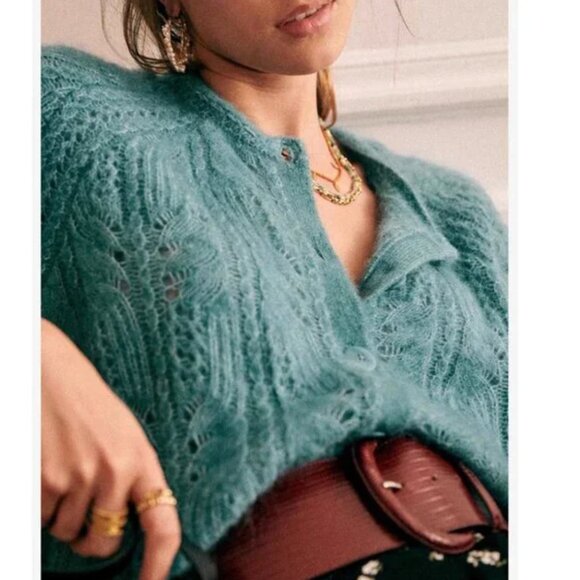 NEW Sezane Alma Cardigan XSmall Peacock Blue Kid Mohair Sweater Knit French - Picture 1 of 9